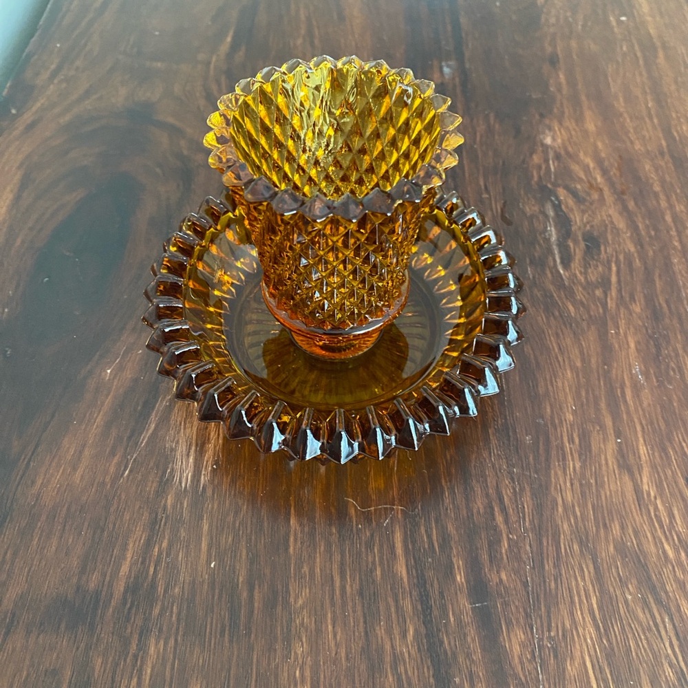 Indiana Glass • Diamond Point • Amber • Two-Piece Candle Holder - Picture 6 of 6